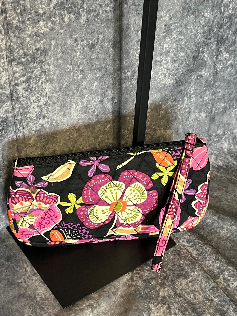 Vera Bradley Black Wristlet Clutch with Pink Floral Print